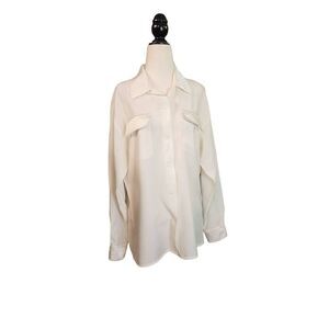 White Rayon Button Front Silky Cuffed 80s 90s Vintage Sexy